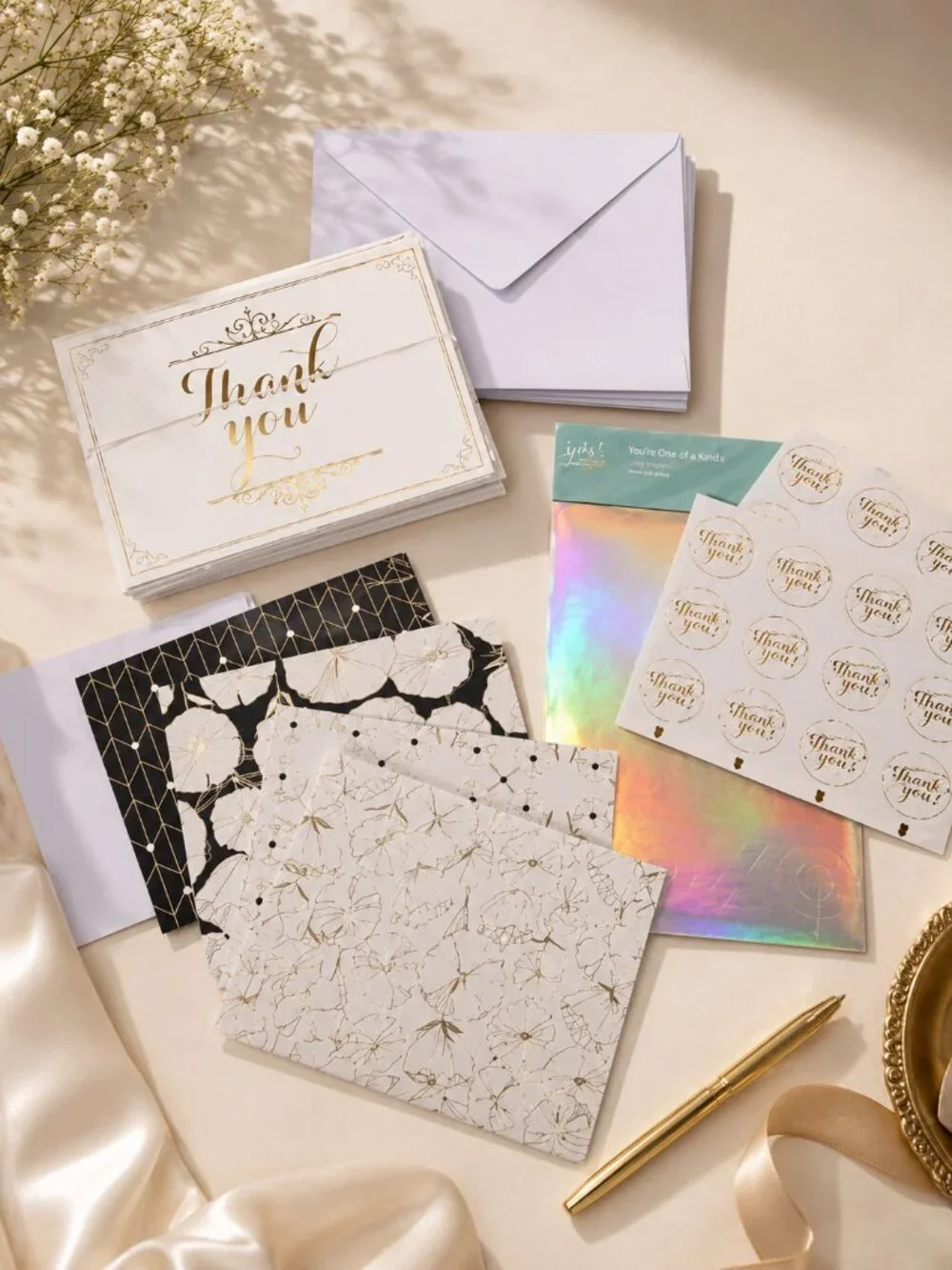 New elegant simple 28 Pc Set Gold White cream Thank You Card Envelope Stickers